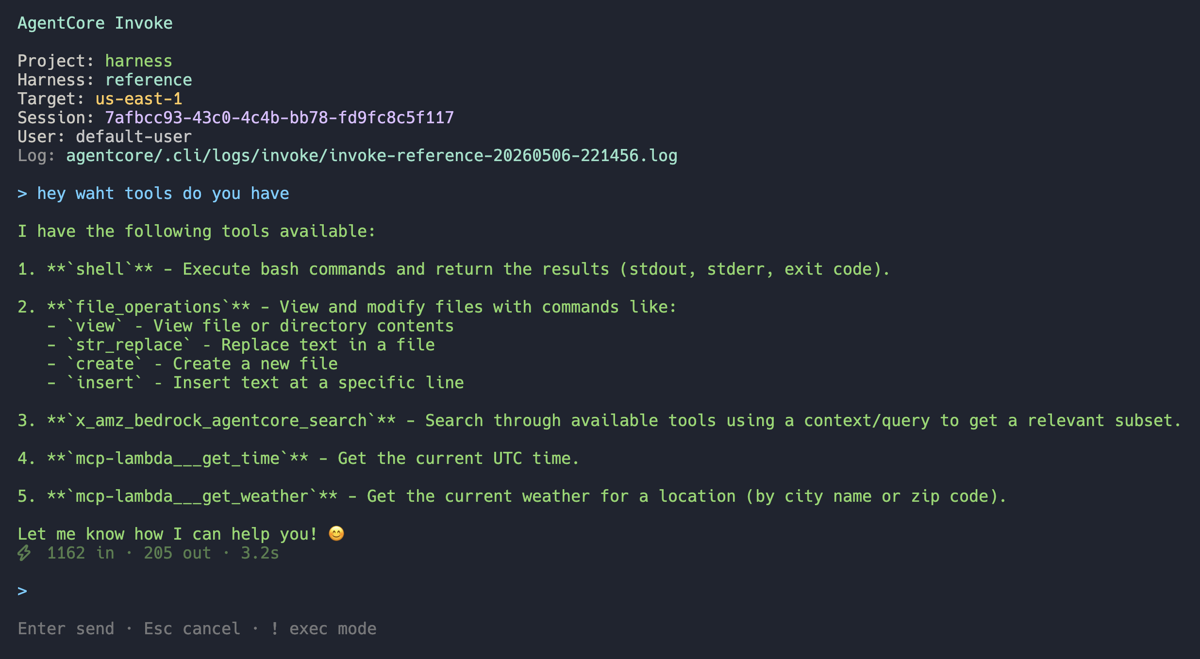 AgentCore CLI TUI showing an agent invoking the deployed Lambda-based tools